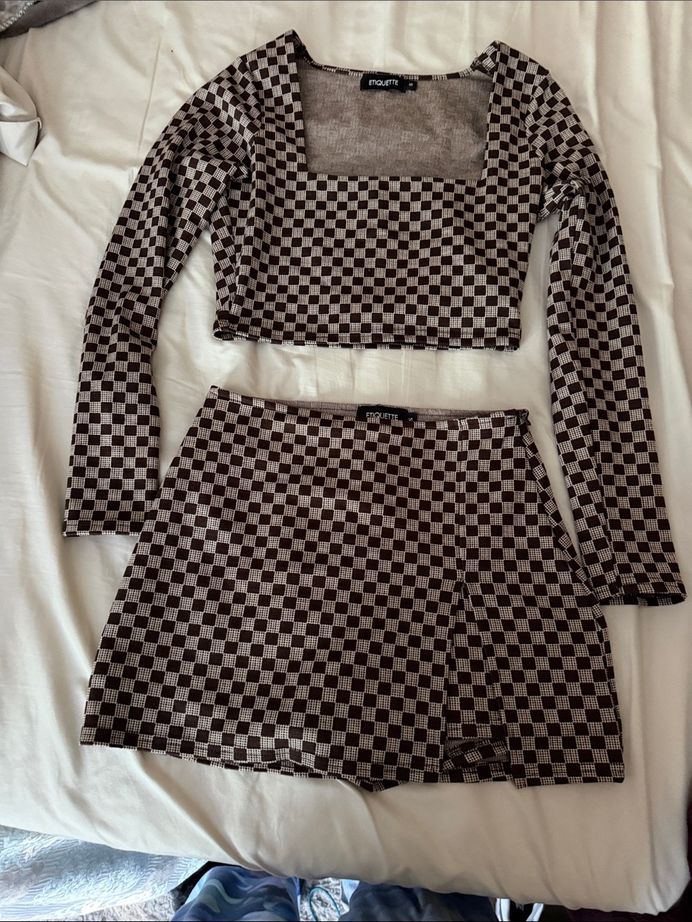 Checkered Long Sleeve Crop Top & Mini Skirt Set - Brown/Beige